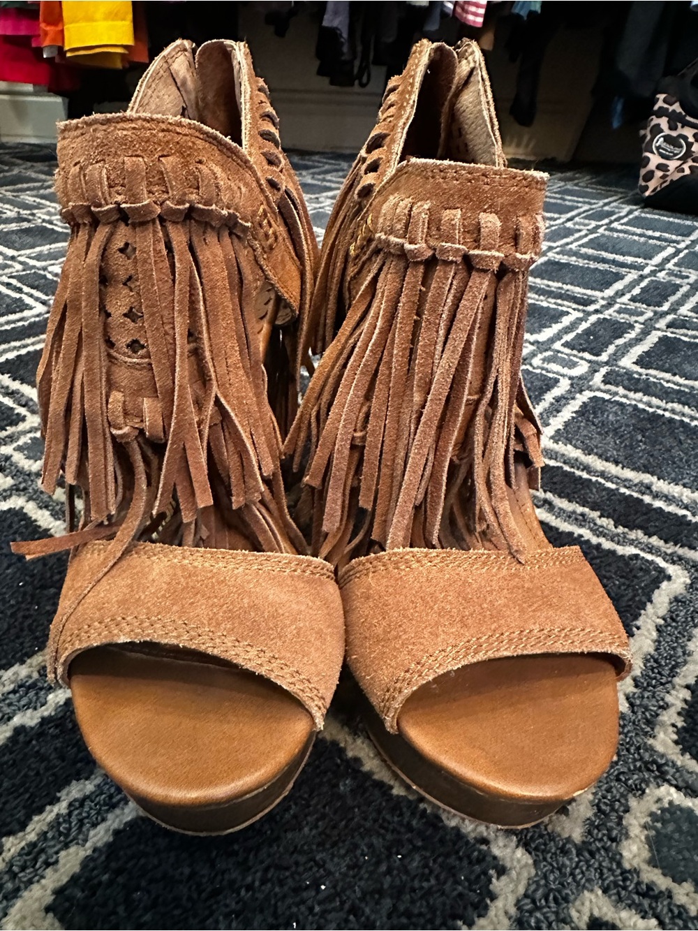 naughty monkey Suede Fringe Open-Toe Wedges in Brown